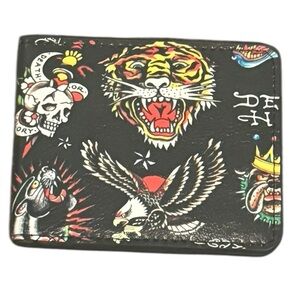 Ed Hardy Black Bifold Card & Key Holder with Multicolor Tattoo Print